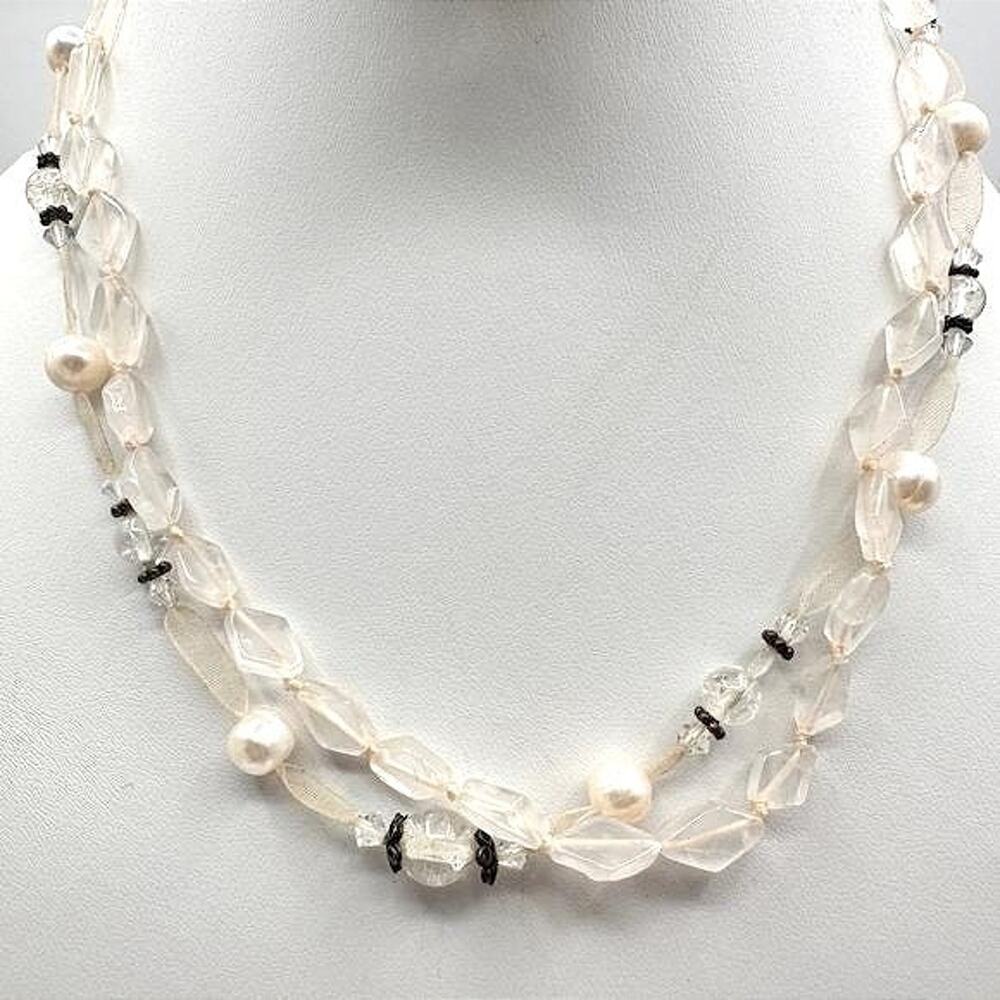 Vintage 90s Rose Quartz & Pearl Multi-Strand Necklace Pink Boho Women's Jewelry